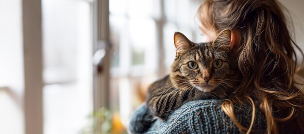 Portrait d'une jeune femme tenant un mignon chat sibérien aux yeux verts.