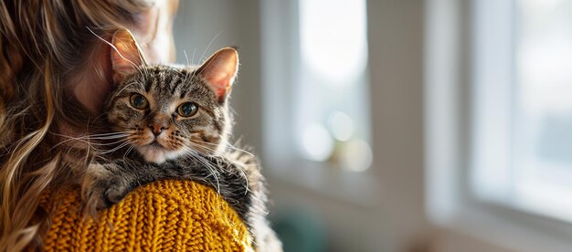 Portrait d'une jeune femme tenant un mignon chat sibérien aux yeux verts.