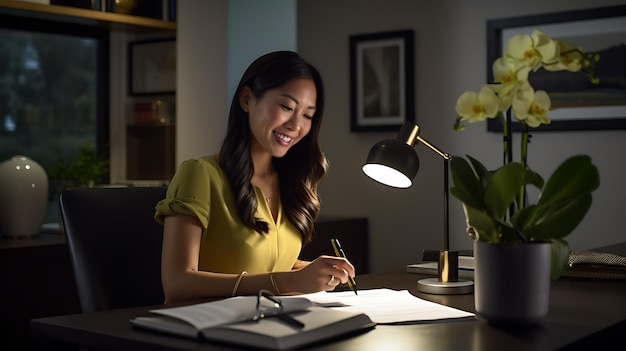 Portrait d'une jeune femme travaillant sur un ordinateur portable et prenant des notes dans son bureau à domicileCréé avec la technologie Generative AI