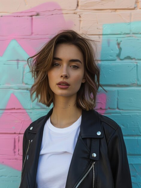 Portrait d'une jeune femme en veste de cuir élégante posant contre un fond mural de graffitis colorés