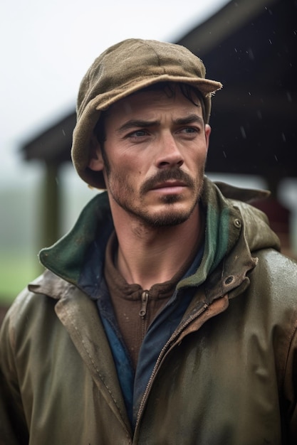 Photo portrait d'un jeune fermier debout dehors sous la pluie créé avec l'ai générative