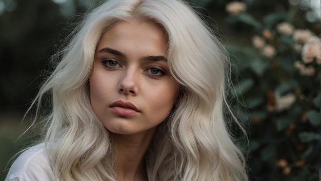 Portrait d'une jeune fille de 19 ans. Elle a des cheveux blancs ondulés. AI générative.