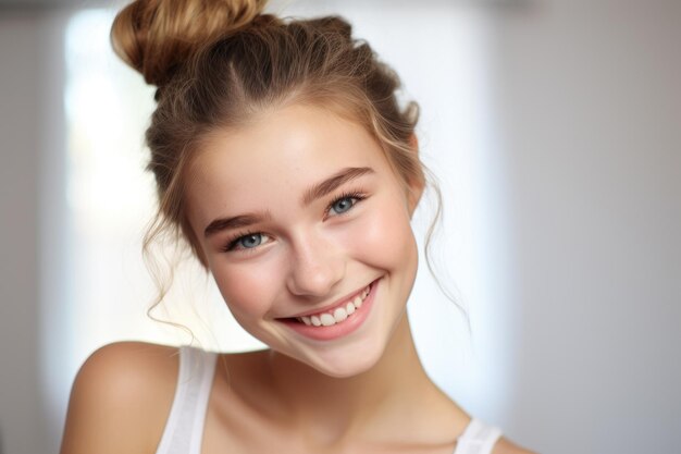 Portrait d'une jeune fille adolescente belle, mignonne et joyeuse souriante regardant la caméra sur un fond gris clair