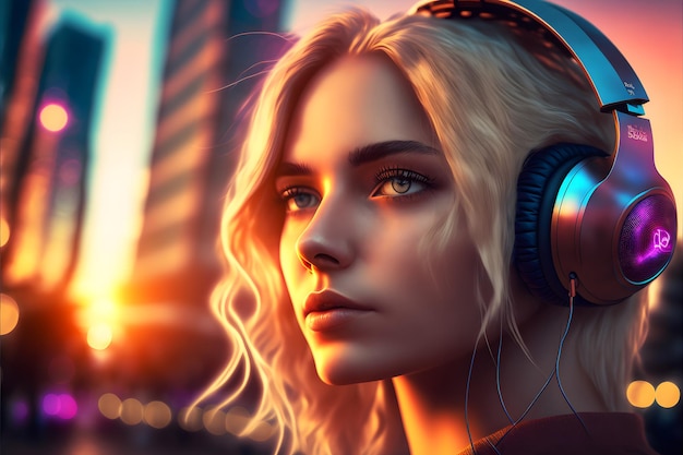 Portrait de jeune fille aux cheveux blonds écoutant de la musique avec des écouteurs sur la rue de la ville Art généré par le réseau de neurones