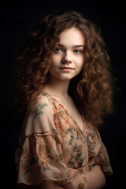 Portrait d'une jeune fille aux cheveux roux bouclés closeup lumière douce naturelle art généré par ai