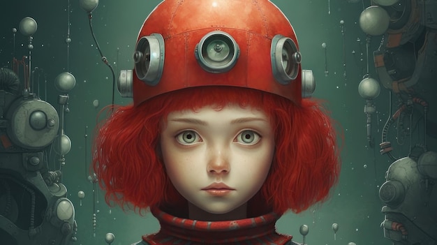 Portrait d'une jeune fille aux cheveux roux dans un casque d'astronaute généré par l'IA pour le Nouvel An et Noël