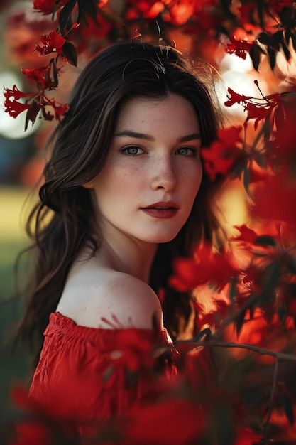 Portrait d'une jeune fille belle sur un fond de fleurs rouges