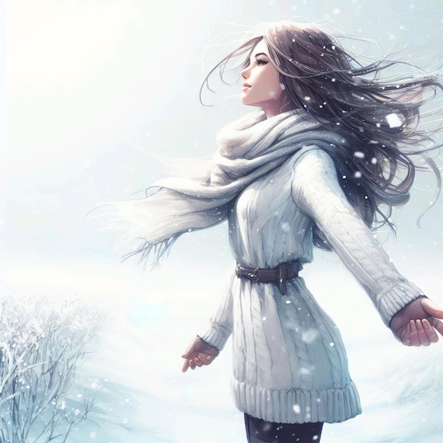 Portrait d'une jeune fille belle et heureuse, d'une femme joyeuse et positive, marchant et jouant avec des flocons de neige.