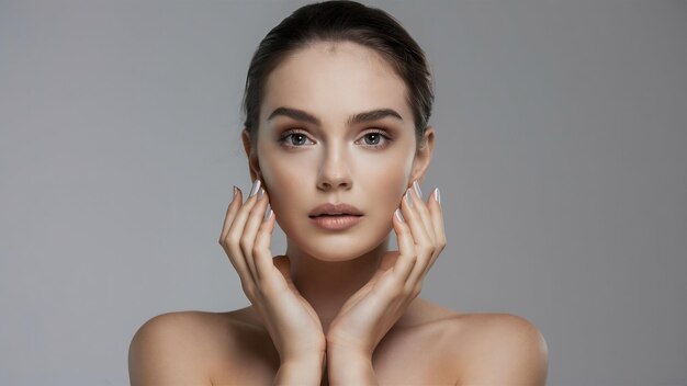 Photo portrait d'une jeune fille belle et tendre avec un maquillage nu posant isolée sur un fond de studio blanc