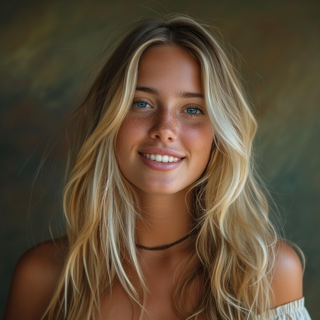 Portrait d'une jeune fille blanche américaine de 21 ans, cheveux blonds, yeux bleus, beau sourire.