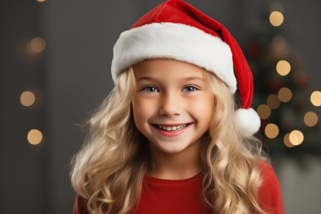 portrait d'une jeune fille blonde joyeuse avec un large sourire portant un chapeau de Père Noël