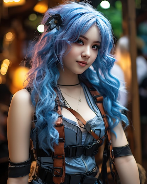 Portrait d'une jeune fille cosplayant un personnage avec un joli visage, des cheveux bleus et de grands yeux