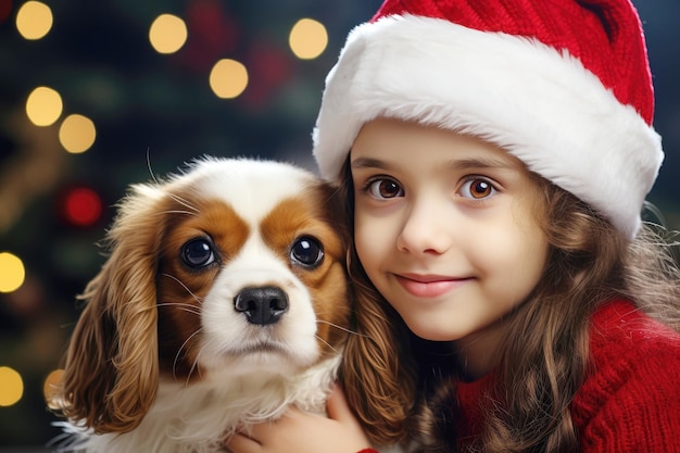 Portrait d'une jeune fille dans un chapeau de Père Noël avec un chien épagneul