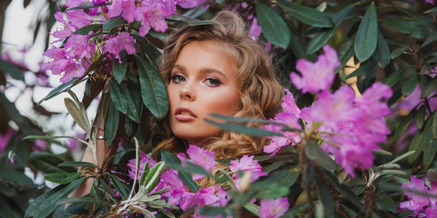 Portrait d'une jeune fille dans un jardin fleuri Un buisson de fleurs est rose rhododendron Beaux cheveux et maquillage