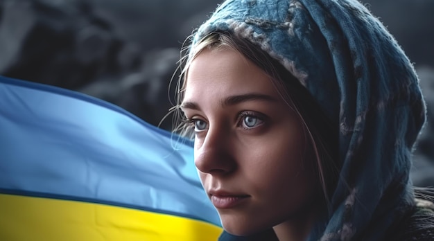 Portrait d'une jeune fille avec le drapeau de l'ukraine sur l'IA générative de fond