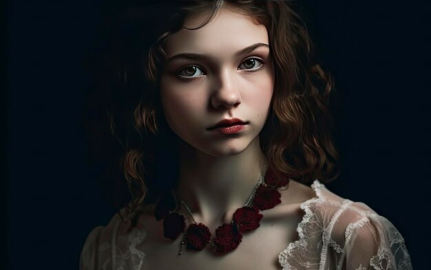 un portrait d'une jeune fille avec une fleur rouge sur le cou.