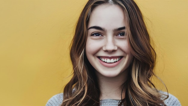 Portrait d'une jeune fille heureuse aux longs cheveux bruns