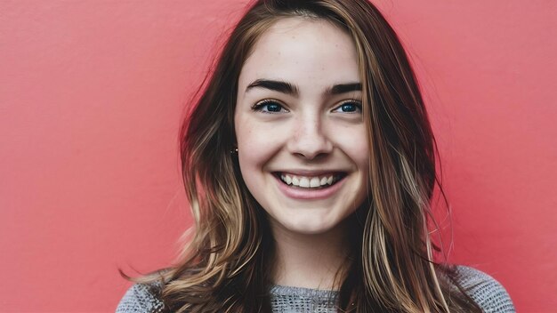 Portrait d'une jeune fille heureuse aux longs cheveux bruns