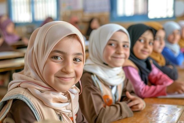 Portrait d'une jeune fille avec un hijab en classe généré par l'intelligence artificielle