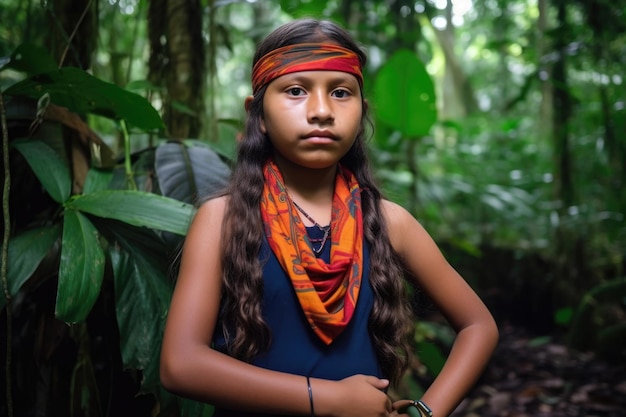 Portrait d'une jeune fille indigène debout, les bras croisés dans la jungle