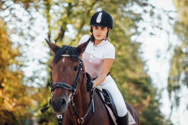 Photo portrait de jeune fille jockey chevauchant un cheval brun dans la forêt d'automne.