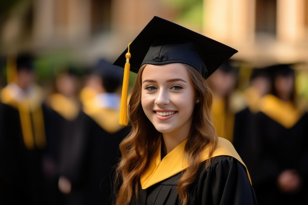 Portrait d'une jeune fille joyeuse en robe de graduation noire et jaune et casquette avec un autre diplômé de l'université