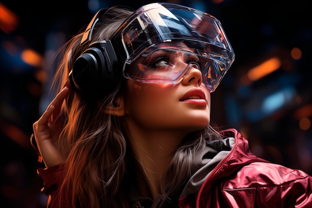 portrait d'une jeune fille avec des lunettes de réalité virtuelle dans le métavers