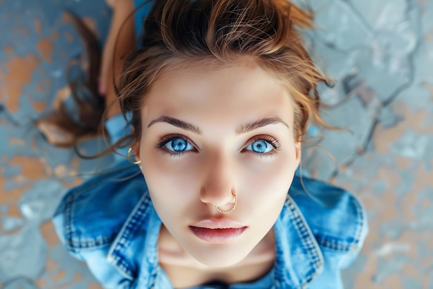 Photo portrait d'une jeune fille mauvaise hipster belle dans un capuchon rouge à la mode et une boucle d'oreille dans le nez