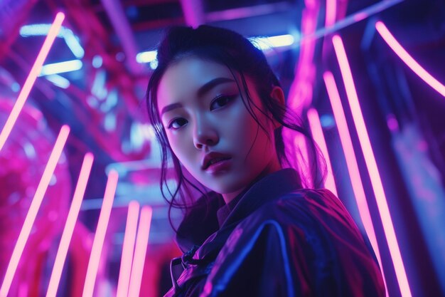 Portrait d'une jeune fille à la mode asiatique dans des lumières au néon Une vue à faible angle
