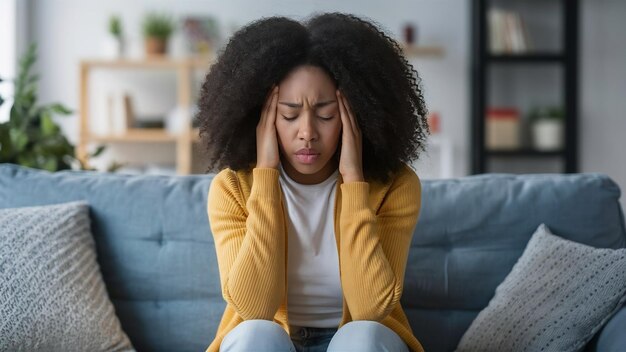 Portrait d'une jeune fille noire assise sur le canapé à la maison avec un mal de tête et de la douleur belle woma