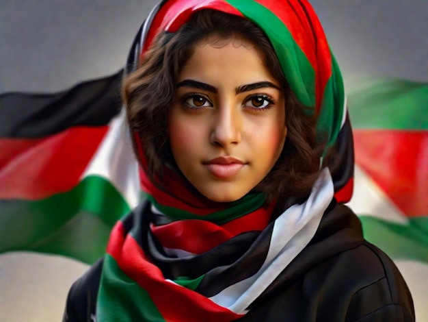 Portrait d'une jeune fille palestinienne portant un foulard aux couleurs du drapeau palestinien