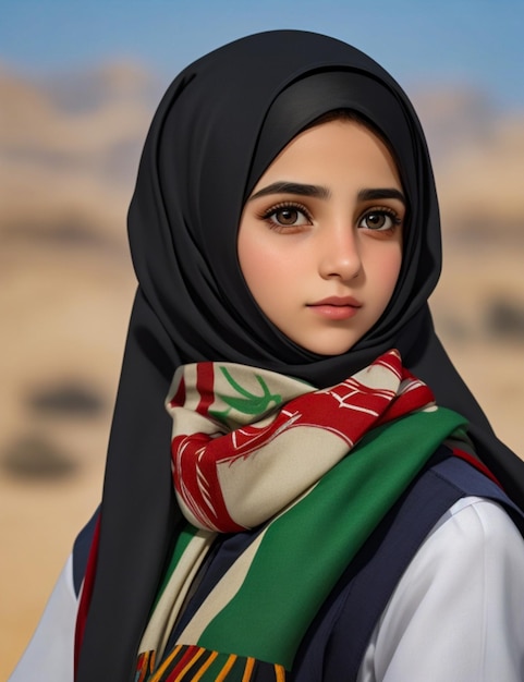 Portrait d'une jeune fille palestinienne portant un foulard aux couleurs du drapeau palestinien