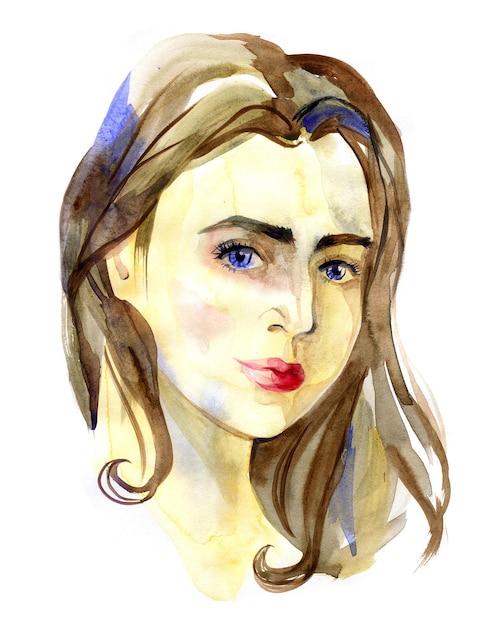 Portrait d'une jeune fille romantique aux yeux bleus dessin réalisé à la mode aquarelle