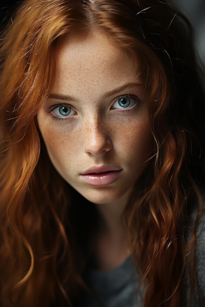 Portrait d'une jeune fille rousse avec des taches de rousseur