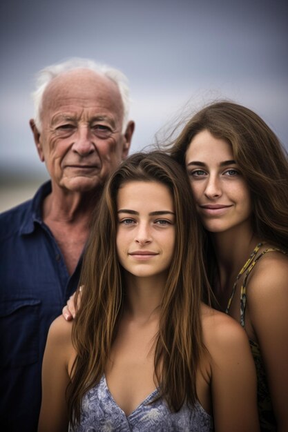 Portrait d'une jeune fille et de ses parents à la plage créés avec une IA générative