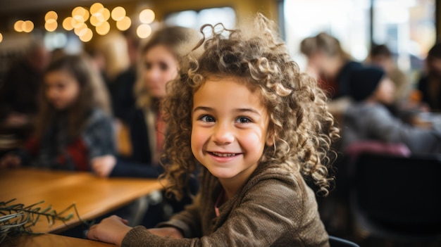 Portrait d'une jeune fille souriante assise à une table à l'école avec d'autres enfants en arrière-plan