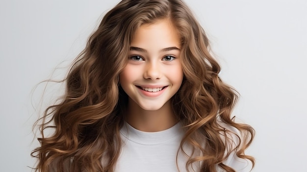 Portrait d'une jeune fille souriante aux longs cheveux bruns