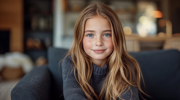 Portrait d'une jeune fille souriante aux yeux bleus dans un cadre intérieur confortable