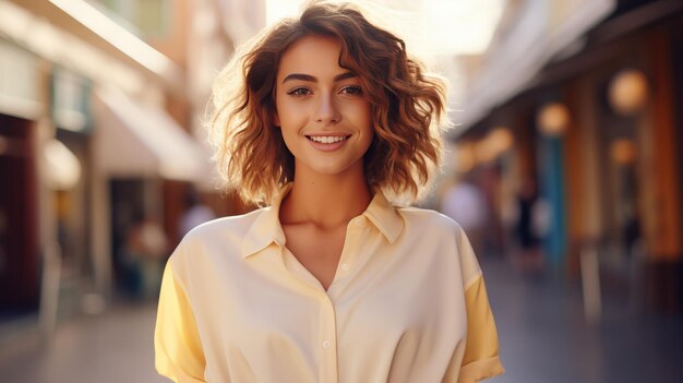 Portrait d'une jeune fille souriante à la mode avec un tissu de couleur solide à l'arrière-plan du quartier commerçant de Plaza