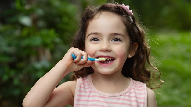 Portrait d'une jeune fille souriante se nettoyant les dents