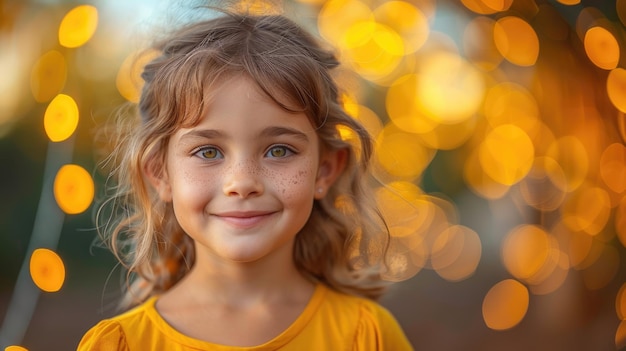 Portrait d'une jeune fille souriante avec des taches de rousseur et un fond bokeh doré