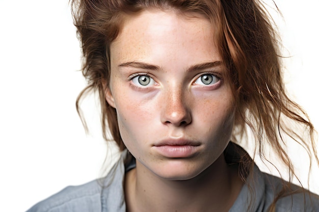 Portrait d'une jeune fille avec des taches de rousseur sur le visage