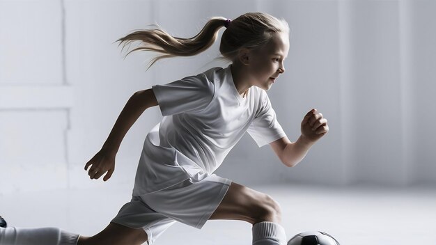Photo portrait d'une jeune footballeuse en train de s'entraîner isolée sur un fond de studio blanc