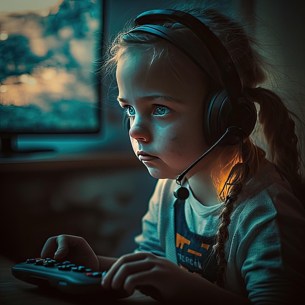 Portrait d'une jeune Gamer Girl immergée avec des écouteurs Elle est assise sur une chaise à côté d'un puissant ordinateur personnel généré par l'IA