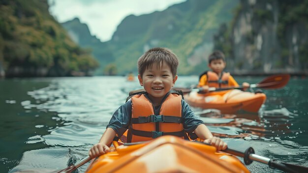 Portrait d'un jeune garçon asiatique heureux faisant du kayak dans la rivière par lui-même avec un grand fond flou avec un grand espace pour le texte ou le produit IA générative