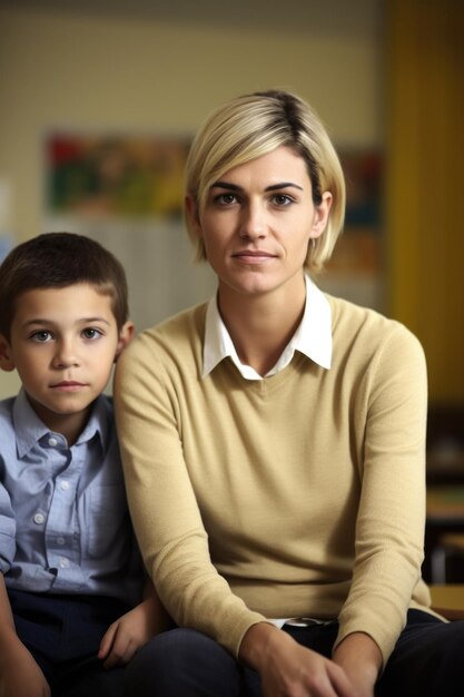 Portrait d'un jeune garçon assis avec ses professeurs à l'école