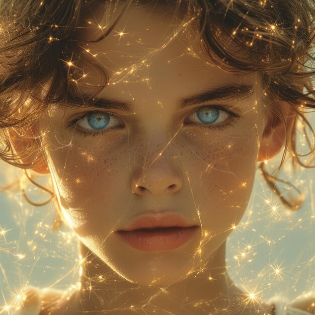 Photo portrait d'un jeune garçon aux yeux bleus et aux taches de rousseur entouré d'une lumière dorée