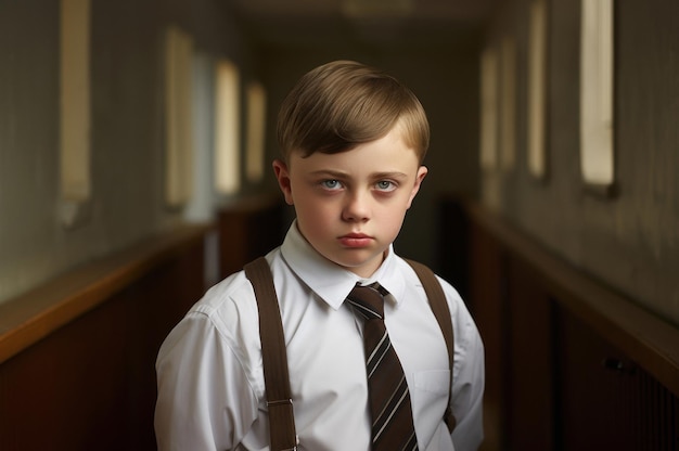 Photo portrait d'un jeune garçon d'école primaire sympathique dans la salle de l'école il est vêtu d'un élégant uniforme scolaire généré ai
