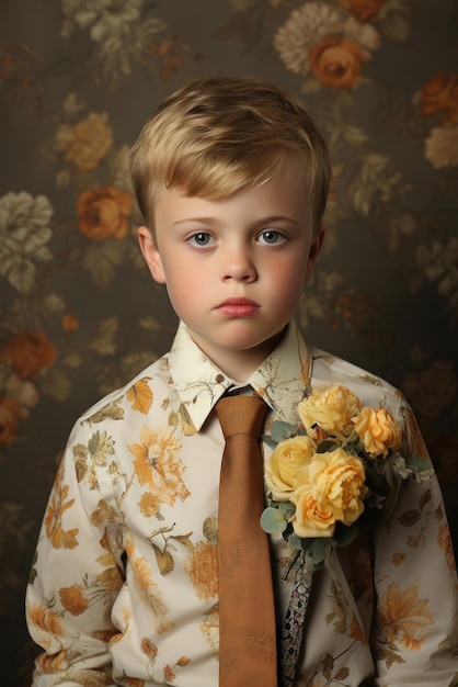Photo portrait d'un jeune garçon d'école primaire sympathique sur un fond floral il est vêtu d'un élégant uniforme scolaire généré ai