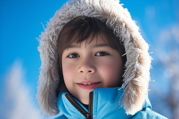 Portrait d'un jeune garçon mignon dans une veste bleue d'hiver avec une capuche posant et souriant amon AI générative